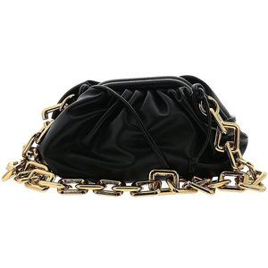 Pleated Leather Dumpling Bag Chunky Chain Crossbody Bag Satchel Black and Gold